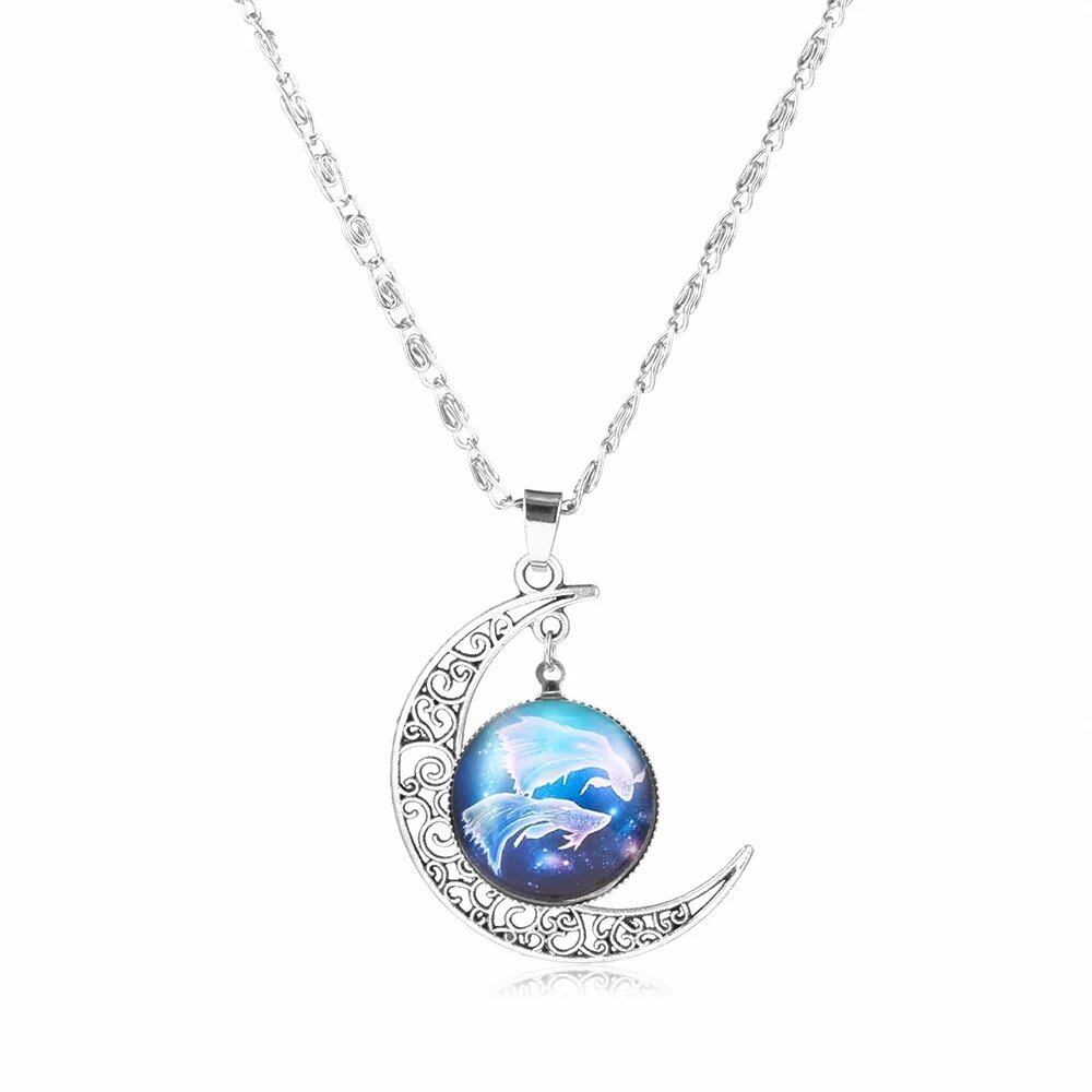 12 Zodiac Signs Glass Dome Crescent Moon Necklace for Women, Stylish Party Jewelry (Compatible with Aries, Taurus, Cancer, Aquarius, and Pisces), Metal Color, Parallel Import