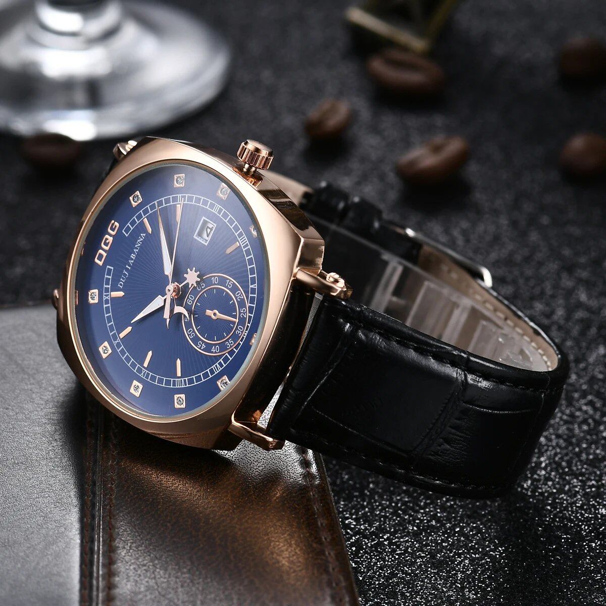 New Men's Luxury Square Quartz Watch with Date Calendar and Leather Strap, Relogio Masculino, Imported