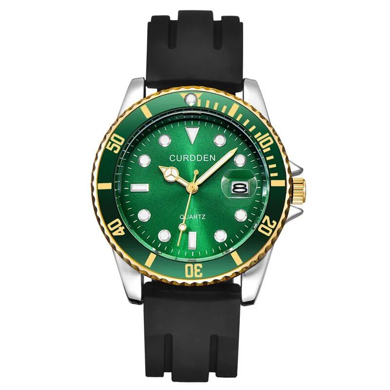 Men's Genuine Leather Carden Brand Watch, Student Fashion Casual Style, Silicone Band, Date Display, Quartz Movement, Green, Luxury Brand Watch; Customizable: Yes; Ships from: Parallel Import