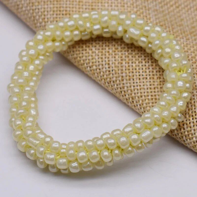 New Hair Accessory: Glass Bead Bracelet & Hair Tie, Elastic Hair Rope, Simple Scrunch, Ponytail Headdress, Women's Bracelet, 18cm Long; Metal Color, Parallel Import