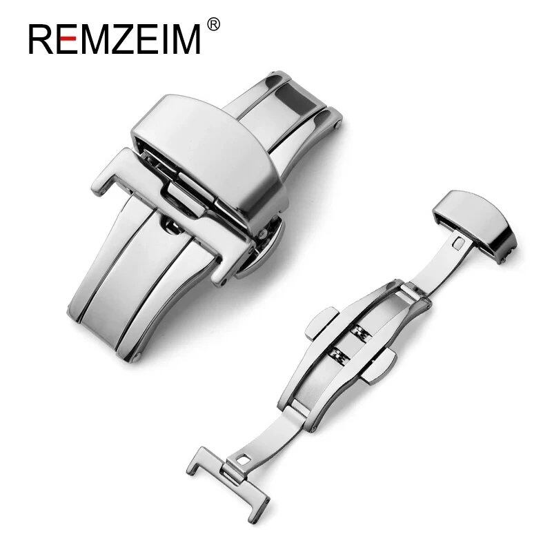 Stainless steel butterfly buckle watch strap with button closure and metal clasp, available in 14mm, 16mm, 18mm, 20mm, and 22mm bands. Parallel import.