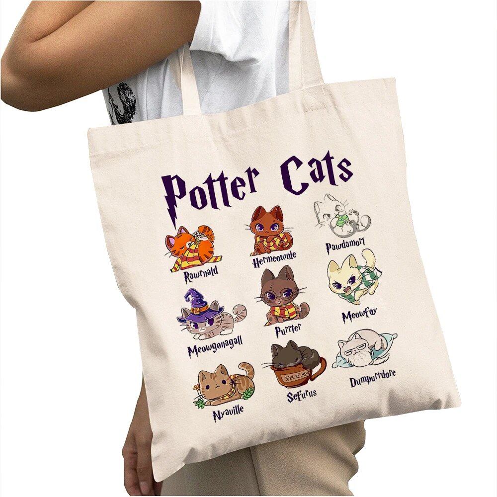 Casual cat print tote bag, large capacity shopping bag for women, stylish and cute cat design, size: 40 x 45cm; color: parallel import