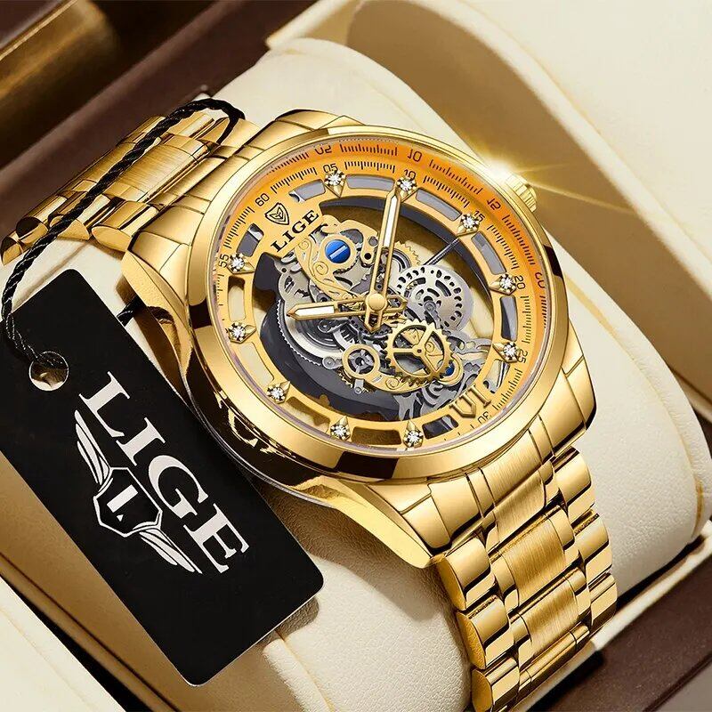 LIGE New Men's Skeleton Quartz Watch, Gold, Retro, Top Brand, Luxury Watch, Men's, Relo Hombre, Color: Parallel Import