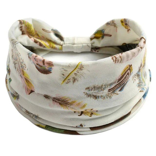 New Boho Floral Print Wide Headband with Vintage Knot Elastic Turban Headwrap for Women and Girls, Cotton Soft Bandana Hair Accessory, Parallel Import