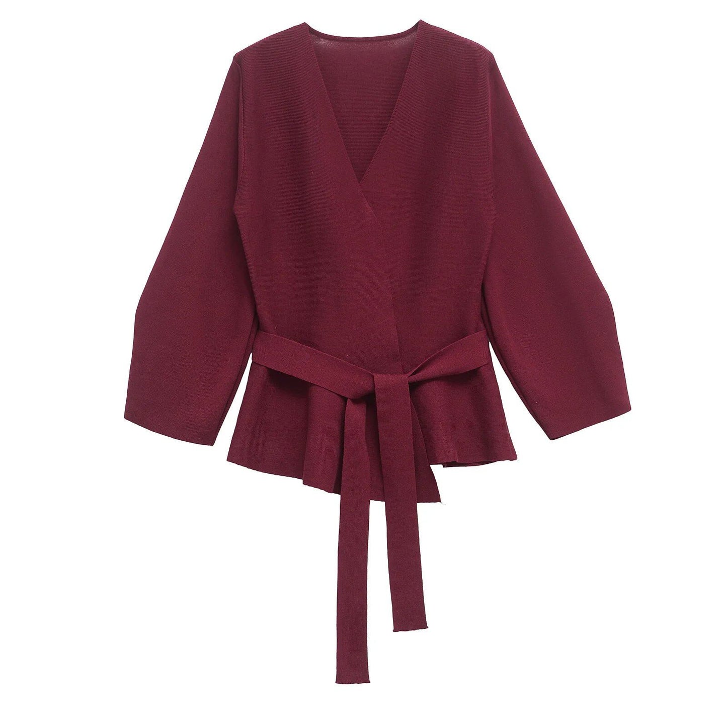 TRAFSHE Women's Spring Belted Knit Blazer with Shoulder Pads, Retro V-Neck, Long Sleeves, Multi-Coat, Size 9598/128, Parallel Import
