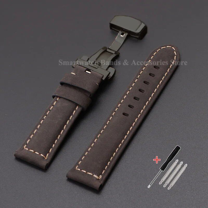 Vintage-style calf leather strap for Panerai and Seiko watches in sizes 20mm, 22mm, 24mm, and 26mm. Features a metal butterfly clasp. Band color: mm. Parallel import.