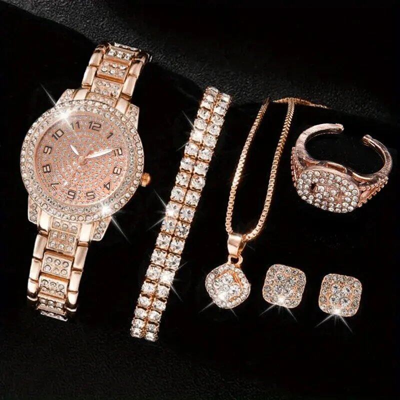 Set of 6 Women's Luxury Elegant Alloy Crystal Bracelet Quartz Watches with Glitter Stones, Gift for Women, Parallel Import