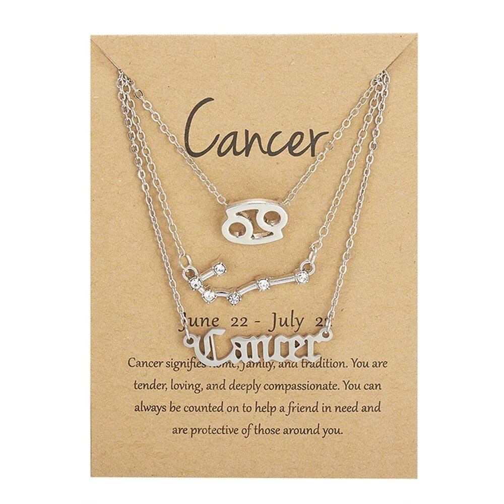 Set of 3 Women's 12 Zodiac Sign Necklaces with Pendant Chains, Chokers, Birthday Jewelry, Cardboard Cards, 45cm Long; Metal Color: 6252, Parallel Import