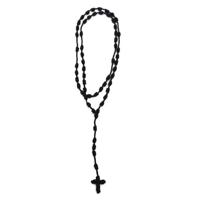 Handmade Knotted Rosary Necklace with Cross Charm, Red Rope Rosary Necklace, Black Thread Rosary, Catholic Spiritual Prayer Gift, Metal Color: Parallel Import