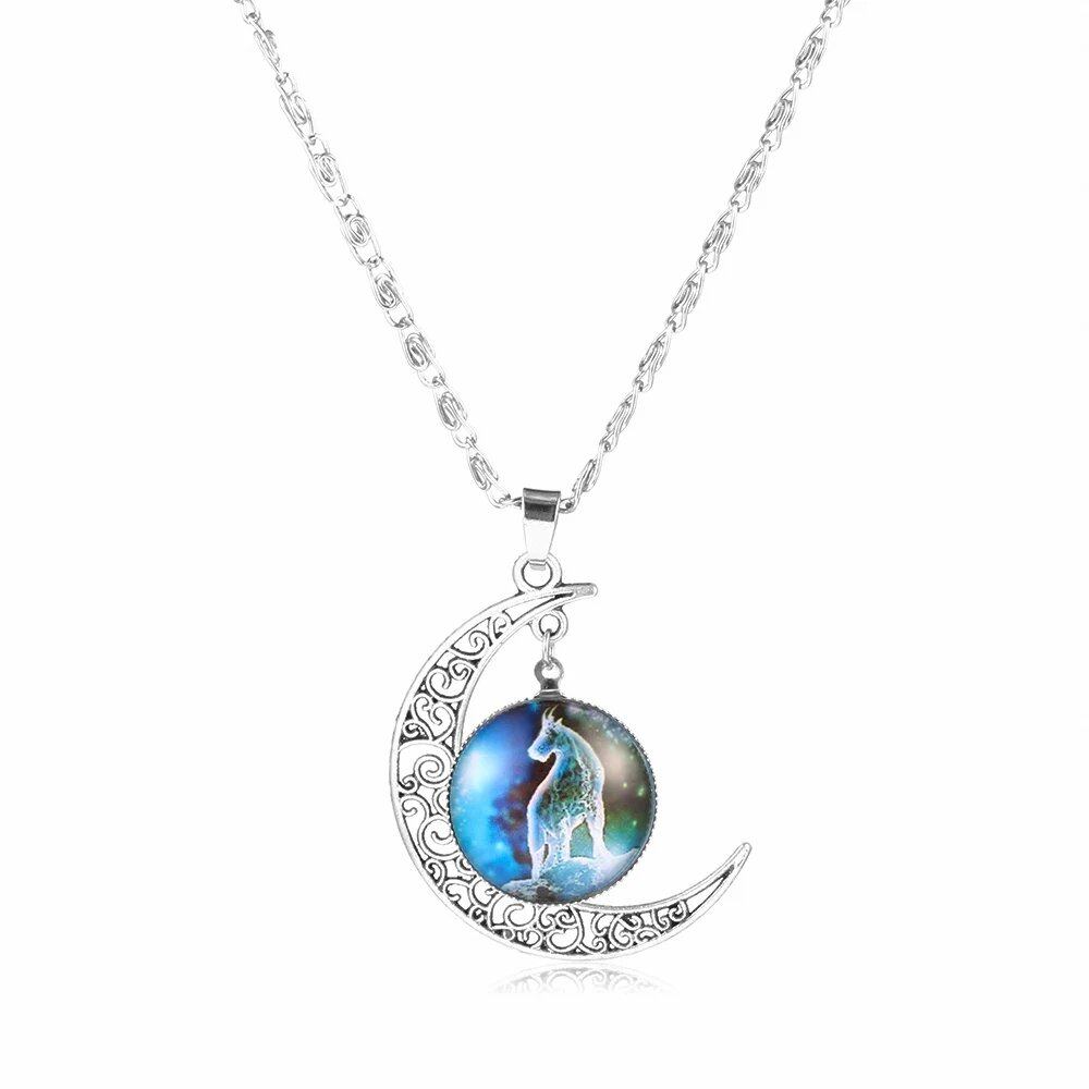 12 Zodiac Signs Glass Dome Crescent Moon Necklace for Women, Stylish Party Jewelry (Compatible with Aries, Taurus, Cancer, Aquarius, and Pisces), Metal Color, Parallel Import