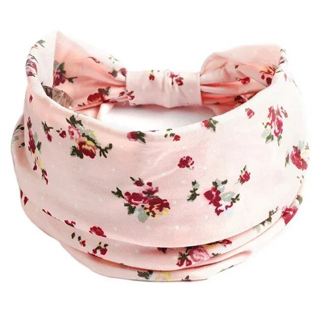 New Boho Floral Print Wide Headband with Vintage Knot Elastic Turban Headwrap for Women and Girls, Cotton Soft Bandana Hair Accessory, Parallel Import