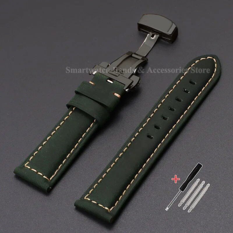 Vintage-style calf leather strap for Panerai and Seiko watches in sizes 20mm, 22mm, 24mm, and 26mm. Features a metal butterfly clasp. Band color: mm. Parallel import.