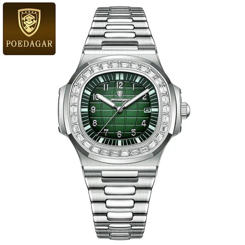 POEDAGAR Stainless Steel Men's Watch, Waterproof, Business Style, with Calendar, Quartz Movement, Luxury Laminated Square Design, Parallel Import