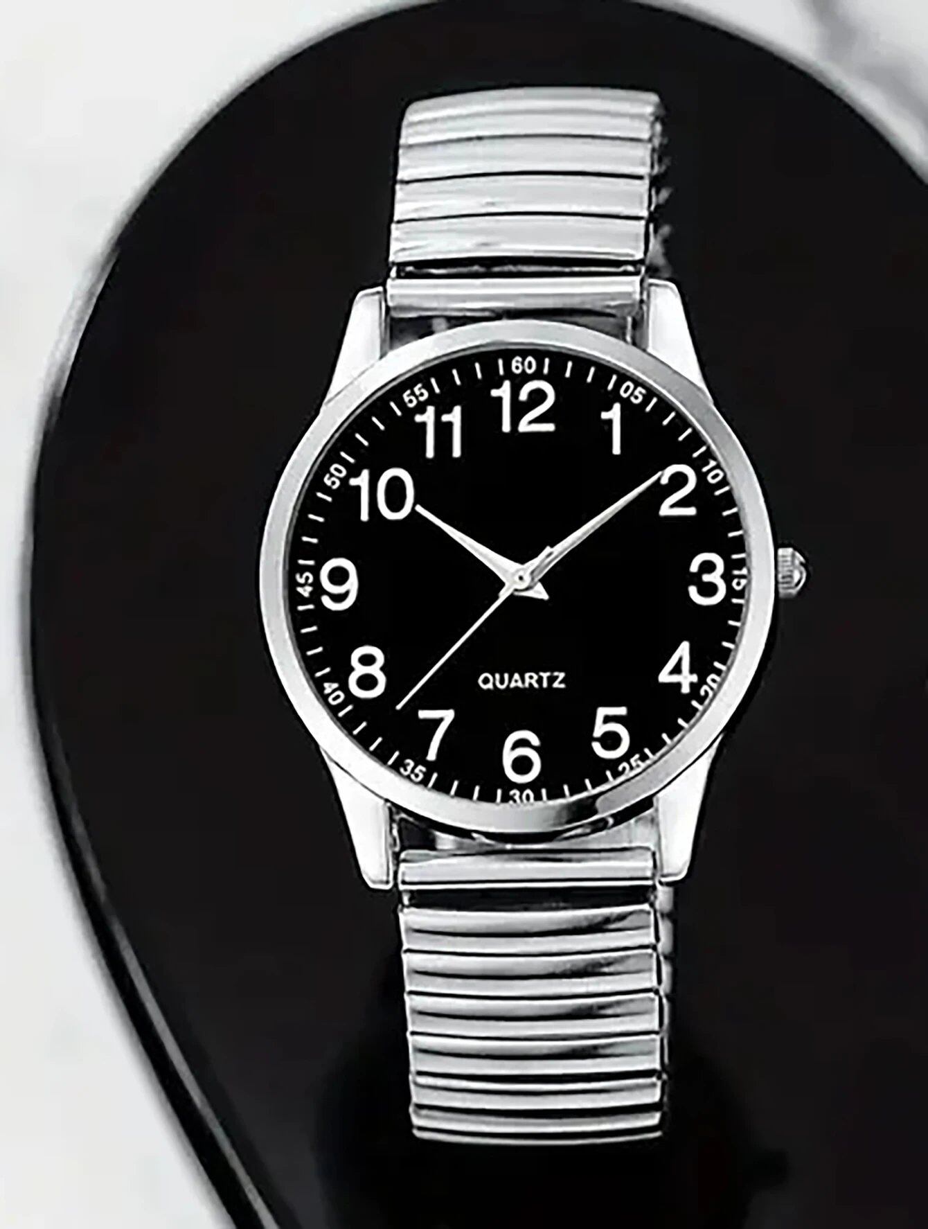 Set of 2 Black Alloy Arabic Numerals Quartz Watches for Men and Women, Elastic Elasto Band, Couple's Gift Set, Color: Parallel Import
