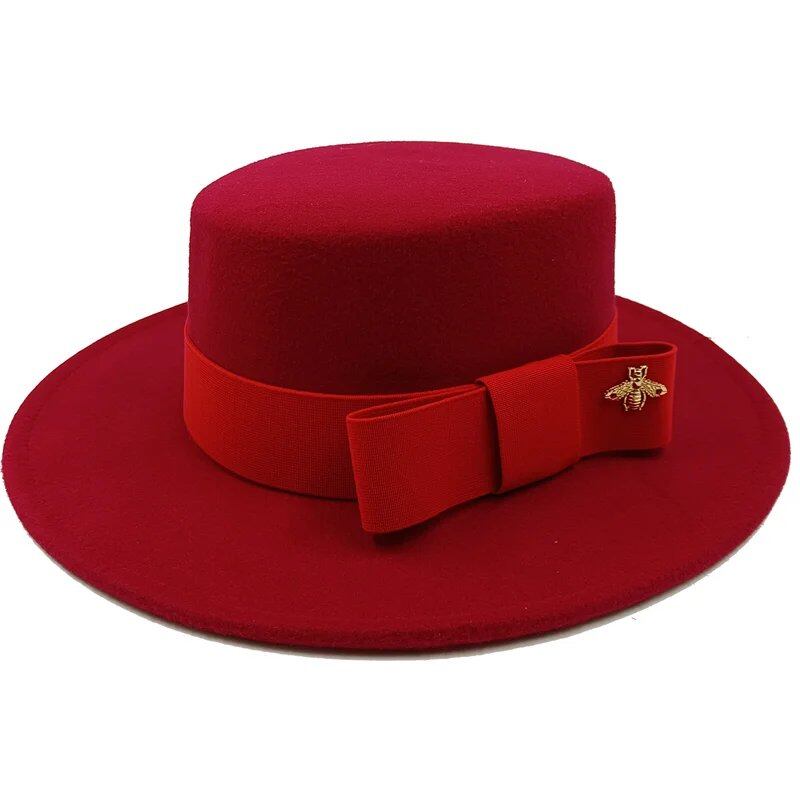 Winter Bowtie Fedora Hat with Textured Surface, Flat Top, and Elastic Band. Red. Men's and Women's Jazz Hat. Sizes: 56-58cm. Ships from: Parallel Import.