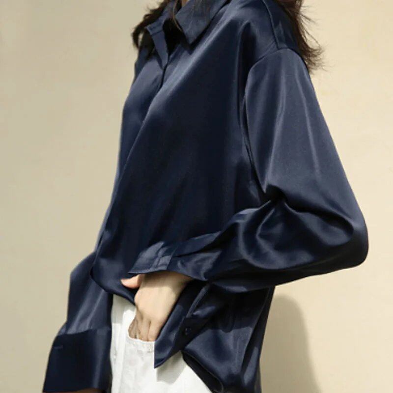 Elegant Satin Loose Dress Shirt with Turndown Collar for Spring and Fall, Vintage Casual Button-Down Silk Top, Size: Parallel Import