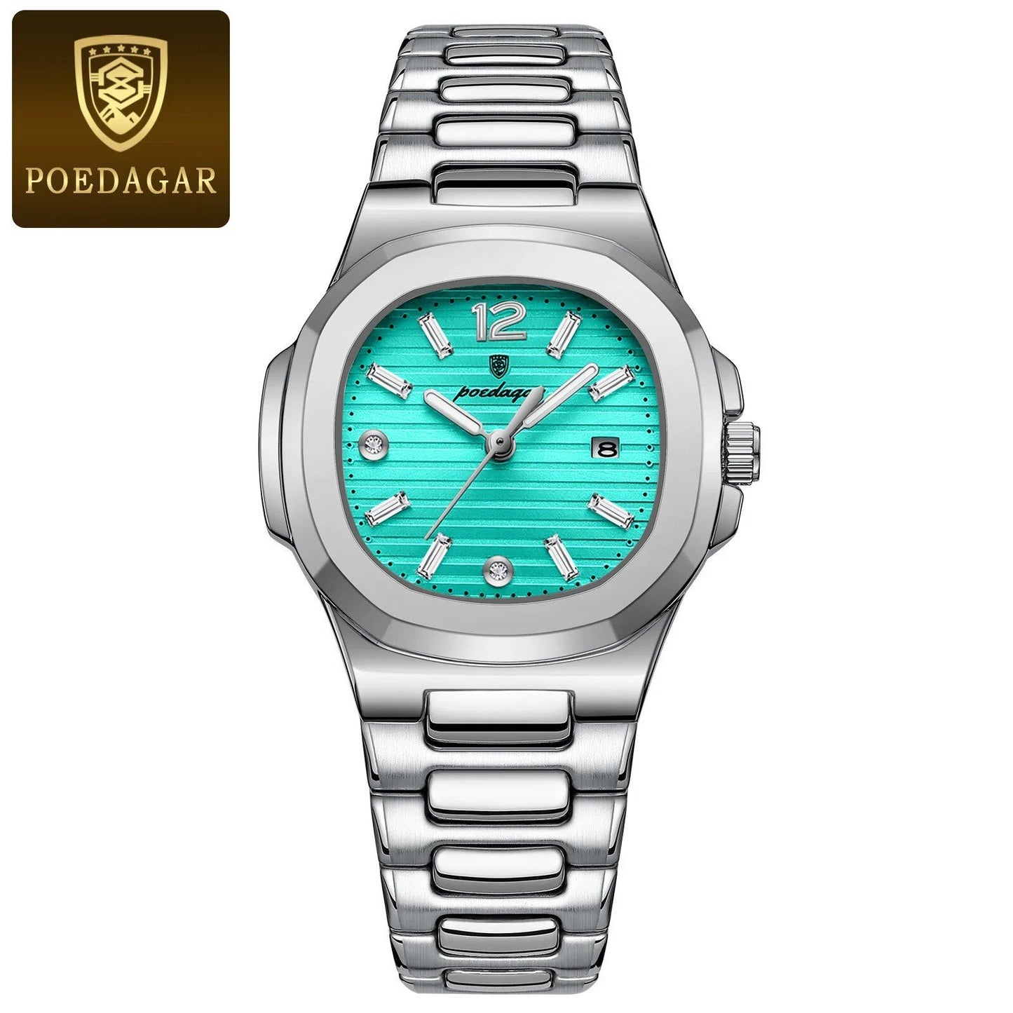 POEDAGAR Women's Luxury Square Watch, Waterproof, Illuminated, Date Function, Elegant Quartz Movement, Simple Design, Color: 708, Parallel Import