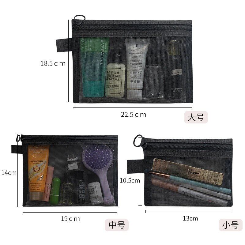 Set of 1, 2, and 3 Transparent Mesh Cosmetic Pouches (Small, Medium, Large) in Black. Perfect for Travel, Toiletry Storage, and as a Portable Lipstick Storage Pouch. Ships from: Parallel Import.