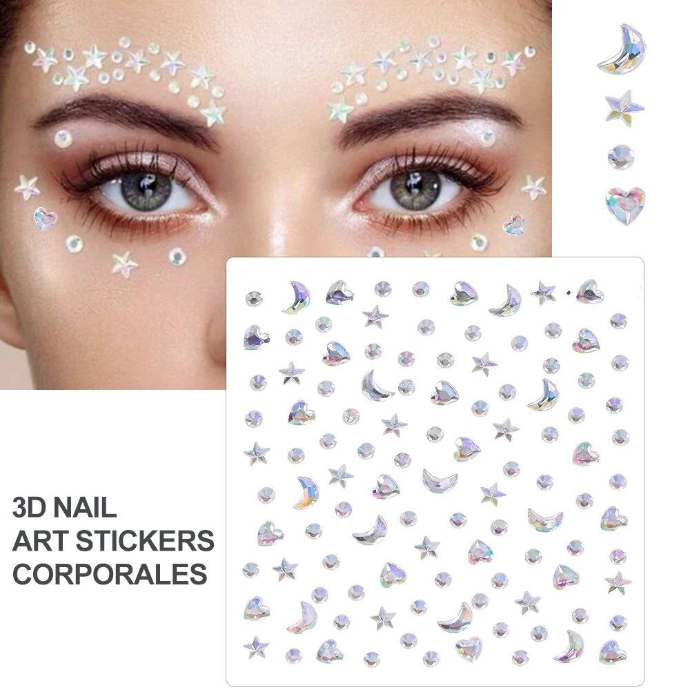1/5/8-Piece 3D Face and Eye Tattoo Stickers for Party Makeup, Diamond Rhinestone Stickers, Self-Adhesive Mixed Crystal Face Decoration Stickers, Parallel Import