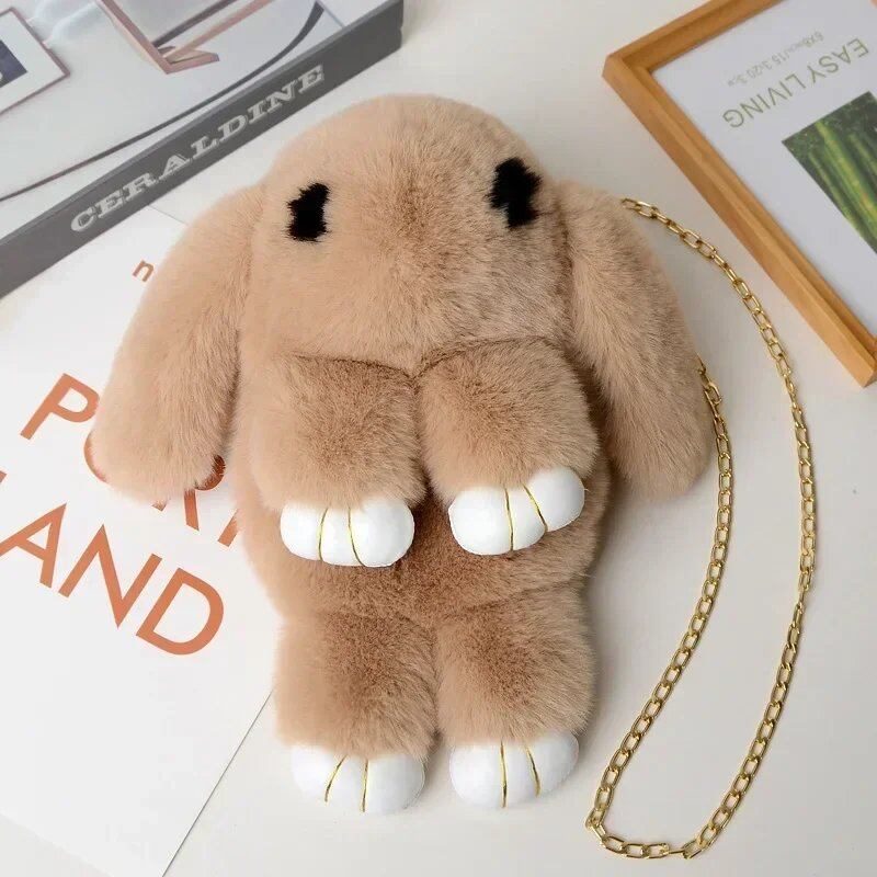 Cute Fluffy Rabbit Pom Pom Chain Bag for Women, Cartoon Rabbit Sling Bag, Plush Bunny Shoulder Backpack, Birthday Gift for Girls, Parallel Import