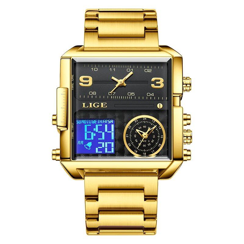 LIGE New Gold Quartz Men's Watch, Luxury Brand Sport Military Watch, Fashion Square Design, Waterproof, Dual Display, Color: Parallel Import