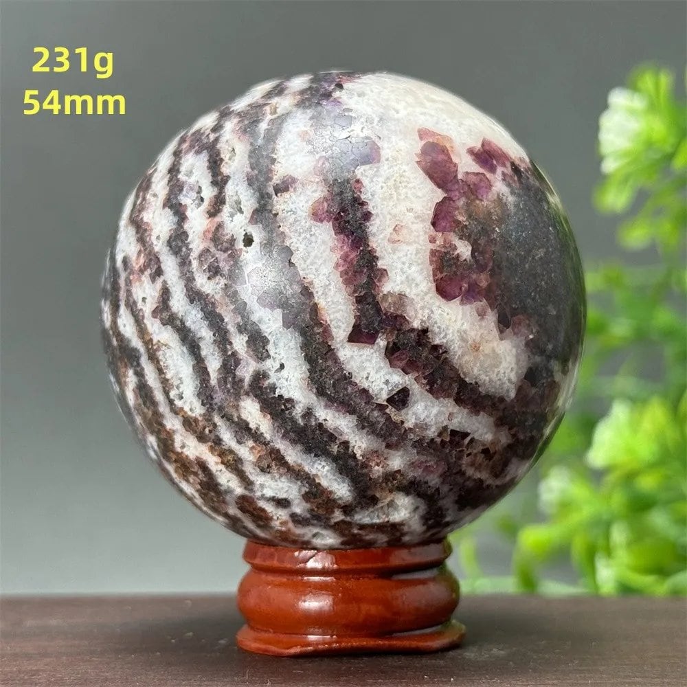 Natural Purple Zebra Fluorite Ball for Reiki Healing, Spiritual Meditation, Chakra Therapy, Magic, Ritual, Divination, Home Decoration, with Stand, Color: A, Parallel Import