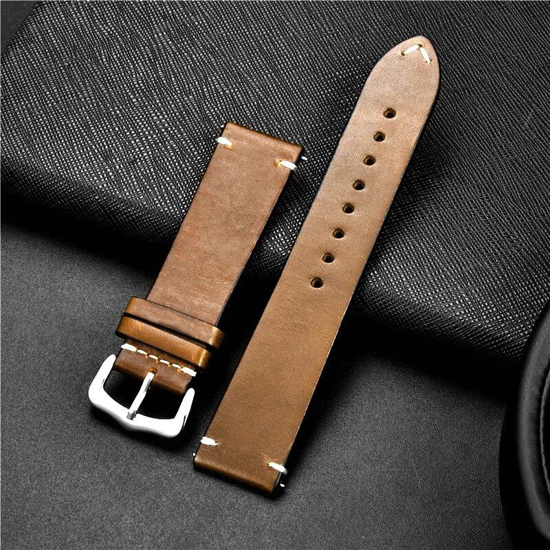 Retro-style genuine leather, oil-waxed finish, aged look, cowhide luxury business watch band, 18, 20, 22, 24mm, Band Color: mm, Parallel Import