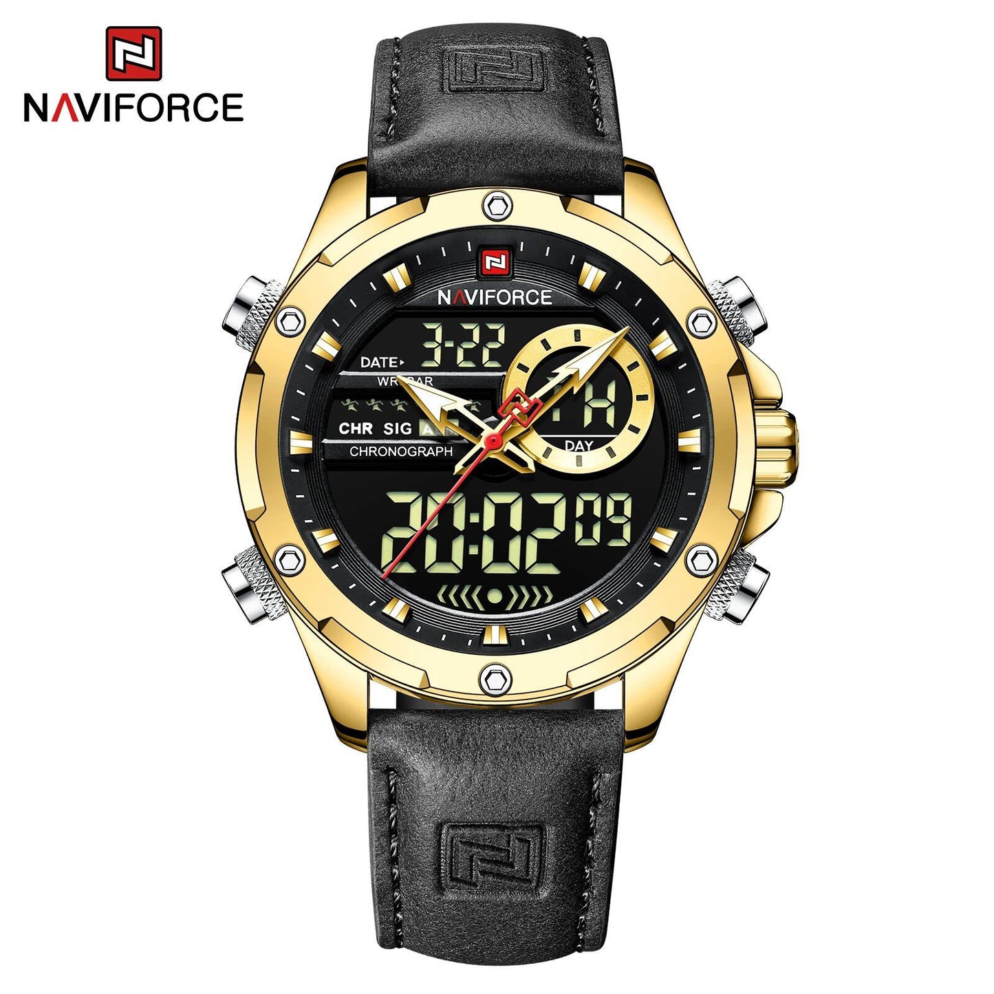 NAVIFORCE Men's Luxury Original Watch, Casual Sports Watch with Chronograph, Alarm, Quartz Movement, Leather Strap, Waterproof, Digital Watch, 9163, Color: Parallel Import