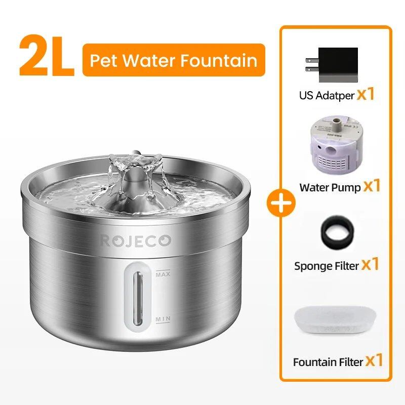 ROJECO Stainless Steel Automatic Pet Water Dispenser, Smart Cat and Dog Water Fountain with Water Dispenser Adapter; 2L Capacity, Parallel Import