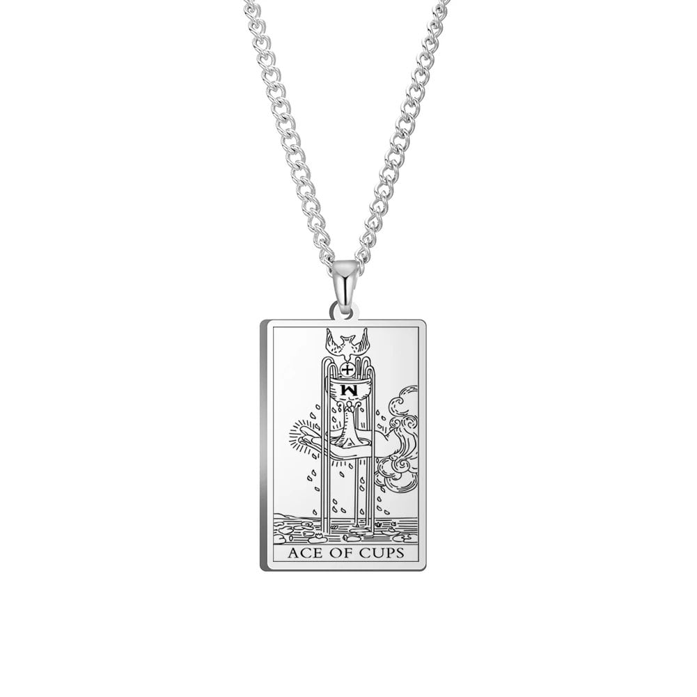 Dawapara Cups Tarot Card Link Chain Pendant Necklace, Vintage Amulet Necklace for Men and Women, Stainless Steel, Parallel Import