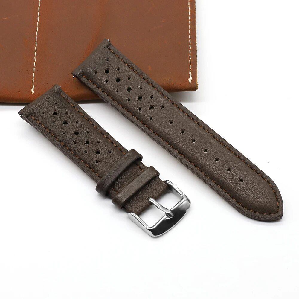 Vintage Handmade Leather Watch Strap, 18mm, 19mm, 20mm, 22mm, 24mm, Racing Gray, Black, Brown, Blue, Ventilated, Band Color: mm, Parallel Import