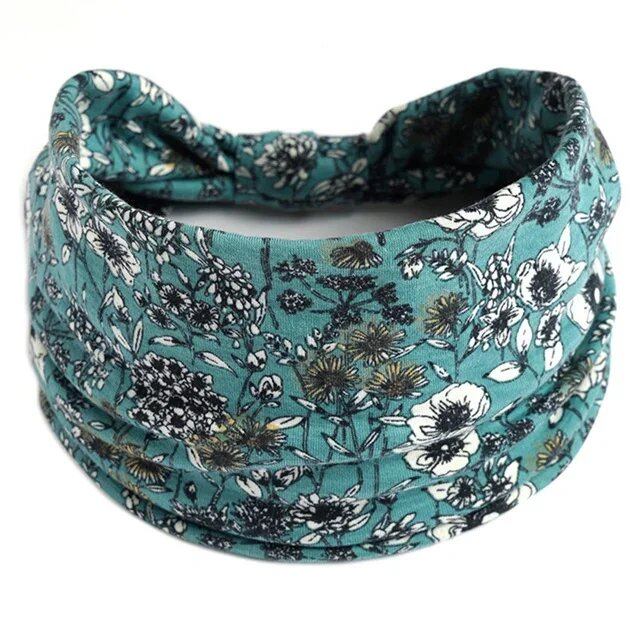 New Boho Floral Print Wide Headband with Vintage Knot Elastic Turban Headwrap for Women and Girls, Cotton Soft Bandana Hair Accessory, Parallel Import