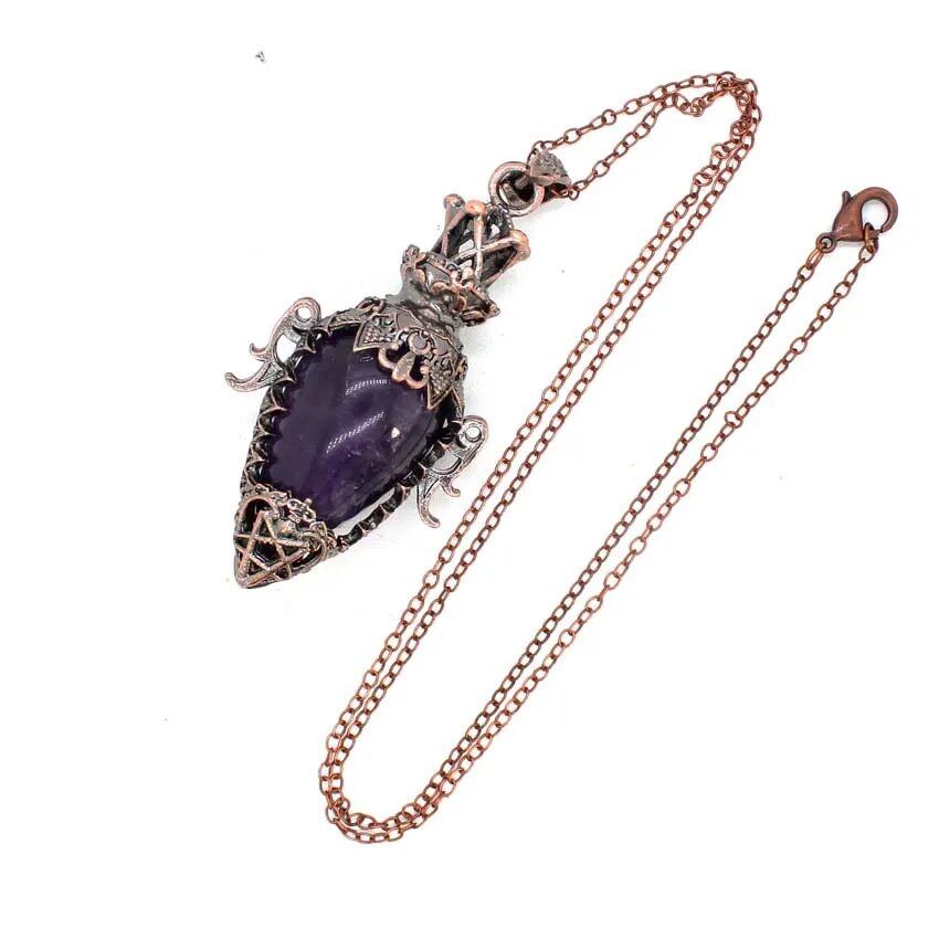 Crystal Pendant Necklace for Dowsing and Spiritual Divination, Natural Amethyst, Rose Quartz, and Onyx, Antique Pendulum Pendant, Metal Color: Parallel Import