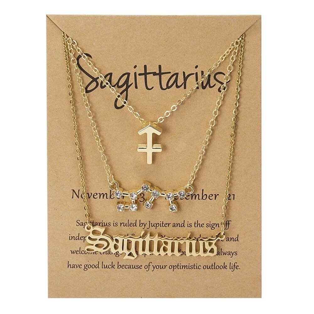 Set of 3 Women's 12 Zodiac Sign Necklaces with Pendant Chains, Chokers, Birthday Jewelry, Cardboard Cards, 45cm Long; Metal Color: 6252, Parallel Import