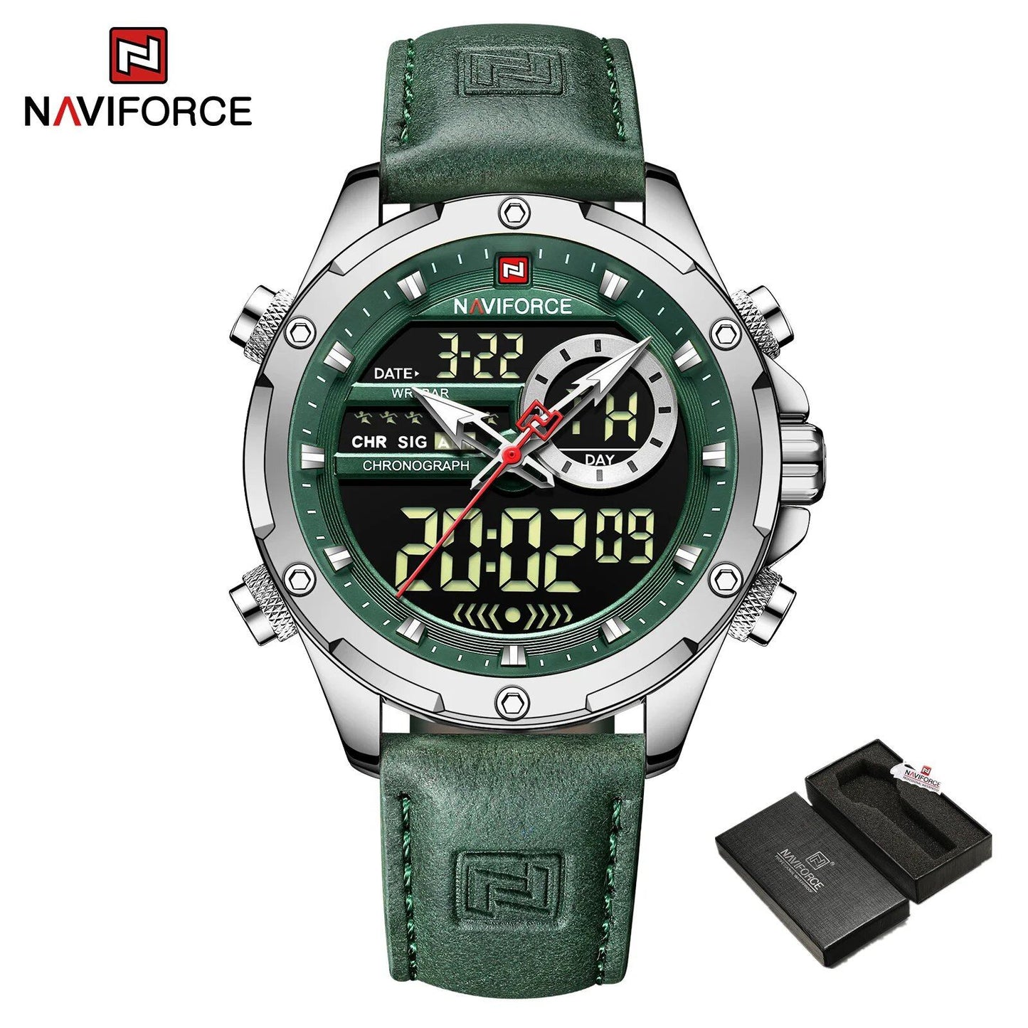 NAVIFORCE Men's Luxury Original Watch, Casual Sports Watch with Chronograph, Alarm, Quartz Movement, Leather Strap, Waterproof, Digital Watch, 9163, Color: Parallel Import