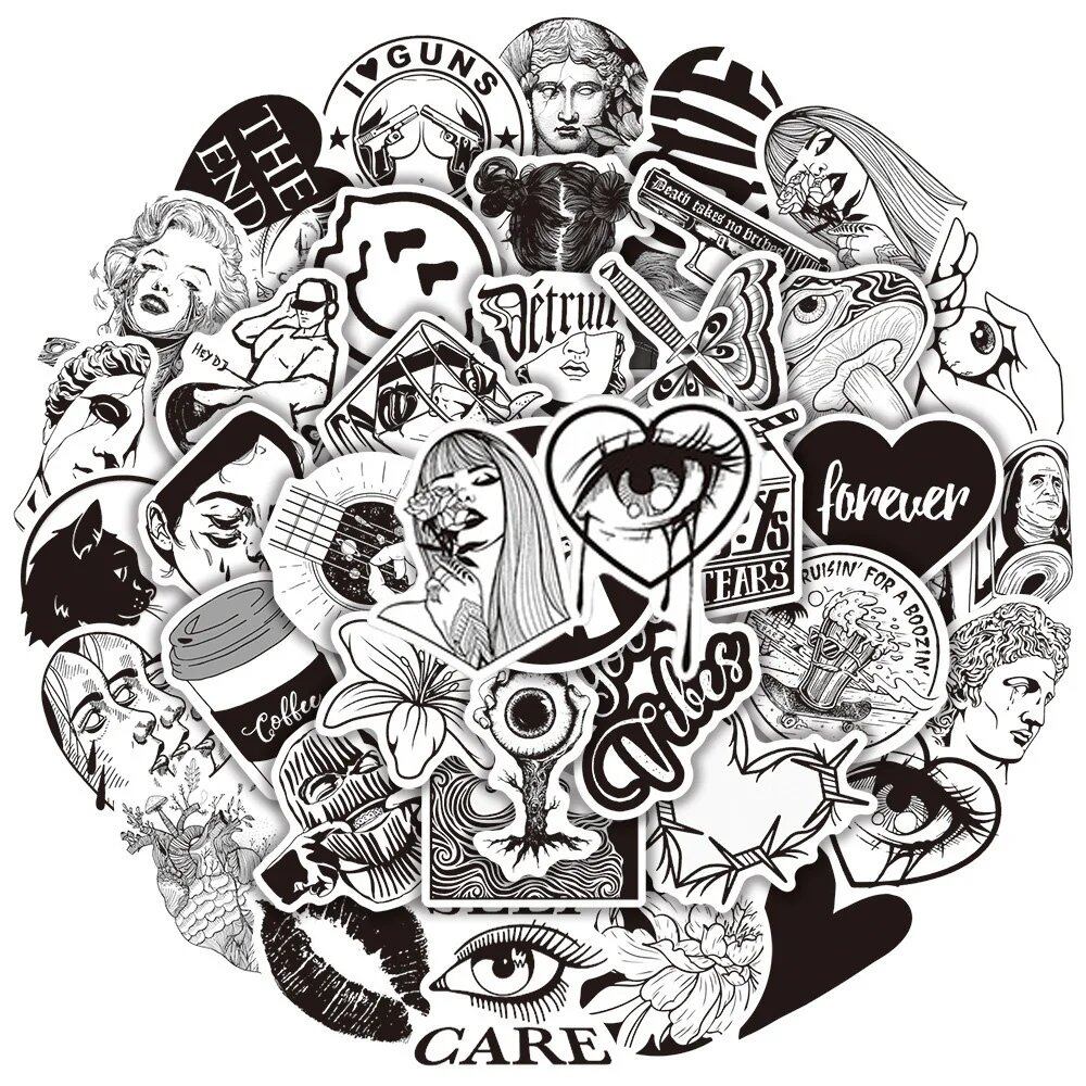 10/30/50-Piece Graffiti Black & White Art Stickers - Cool Decals for Laptops, Luggage, Phone Cases, Guitars, Refrigerators, Cars, and Motorcycles. Color: Parallel Import.