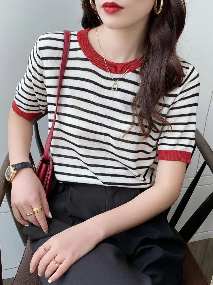 Women's Striped Knit Top, Round Neck, Summer Print, Short Sleeve, Casual, Simple, Wild T-Shirt, Size: One Size; Striped, Parallel Import