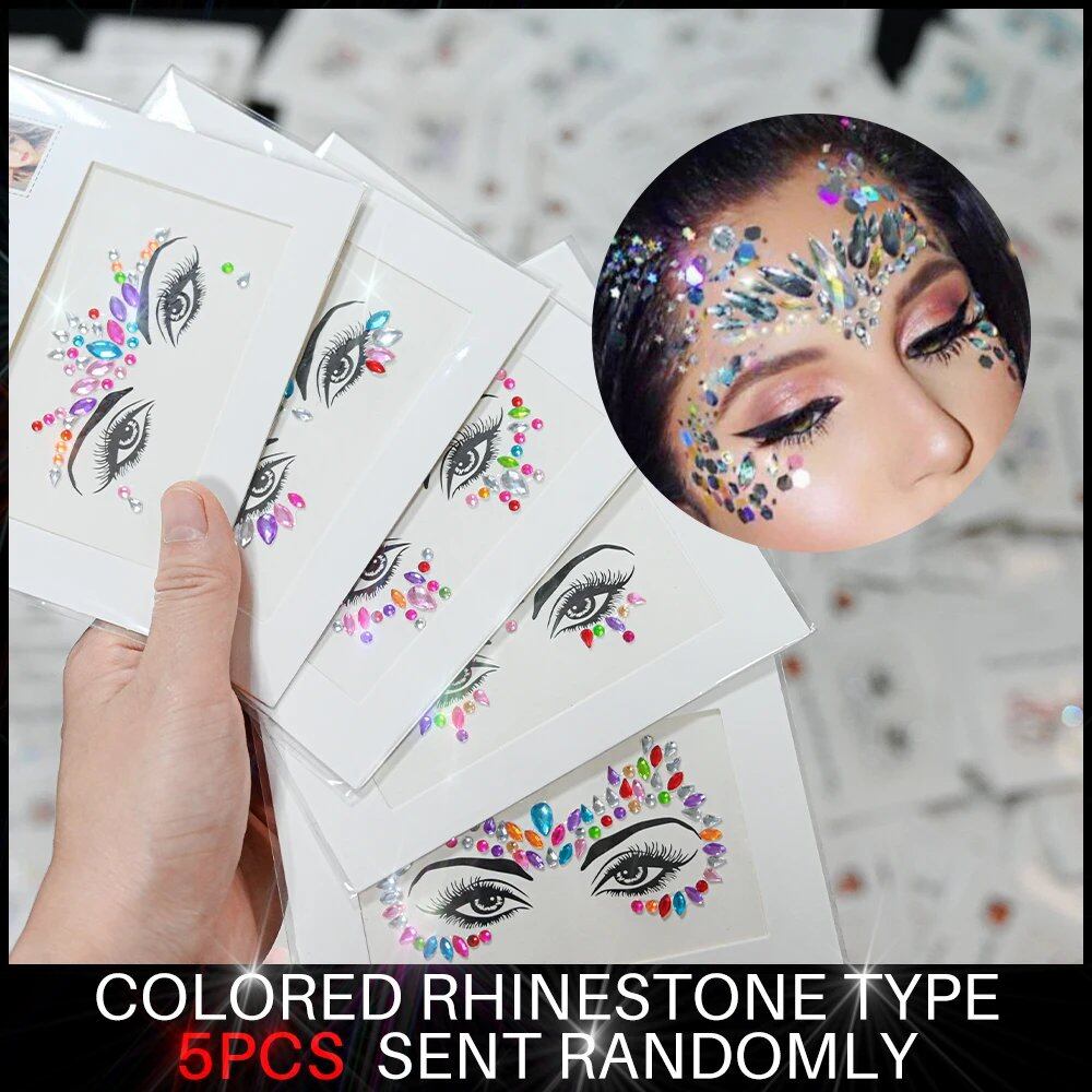 1/5 Random Color Glitter Face Tattoo Stickers for Kids, Sparkly Diamonds, for Costume Parties, Makeup, DIY Tattoo Decals, Parallel Import