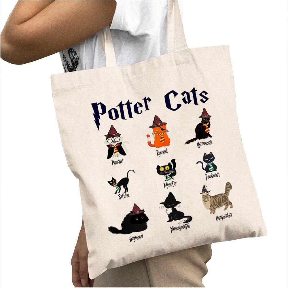 Casual cat print tote bag, large capacity shopping bag for women, stylish and cute cat design, size: 40 x 45cm; color: parallel import