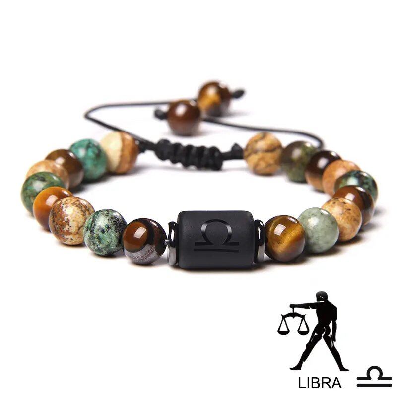 12 Zodiac Signs Bracelet, Natural Turquoise and Tiger Eye Stones, Braided Bracelet, Jewelry for Women and Men, Couples Gift, Adjustable Length; Metal Color: Parallel Import