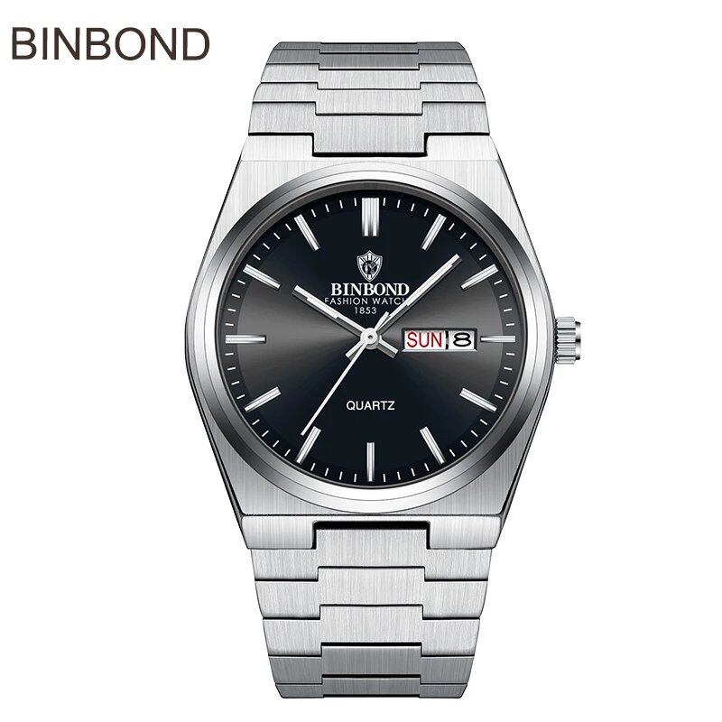 BINBOND Top Brand Luxury Men's Quartz Watch, Original Waterproof, Luminous Display, Date, Day of the Week, Stainless Steel, Color: B102; Customization Unavailable, Parallel Import