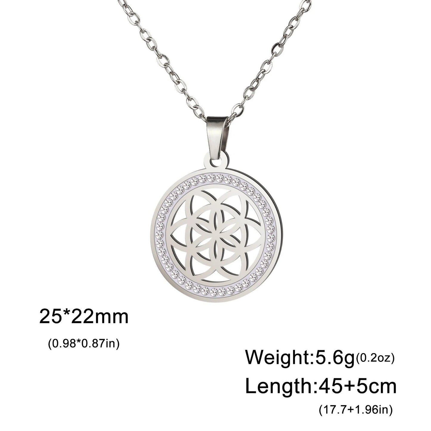 Skyrim Flower Seed of Life Necklace for Women, Stainless Steel with Clear Zircon Round Pendant, Sacred Geometry Spiritual Amulet Jewelry, Length: 45-50cm; Metal Color, Parallel Import