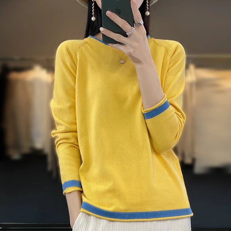 100%コットン レディース ニットウェア 春夏新作 ゆったりラウンドネックセーター カラーデザイン コットンリネン ボトムスシャツ サイズ:;発送元: 並行輸入品