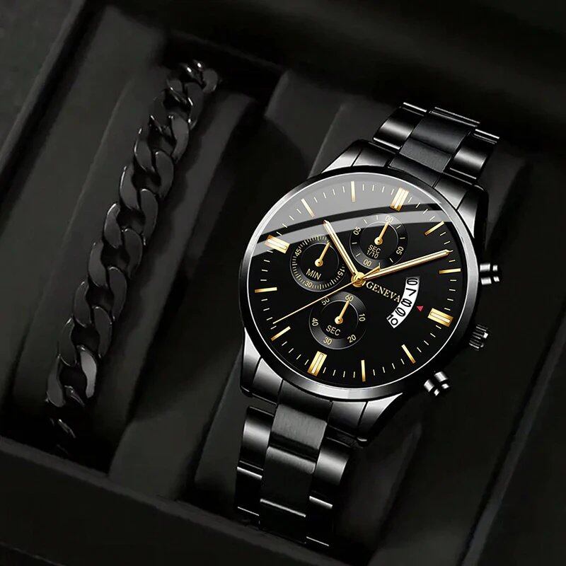 Set of 2 Men's Casual, Business, and Sports Stainless Steel Quartz Wristwatches with Calendar and Classic Bracelet Set, Luminous Watches, Imported