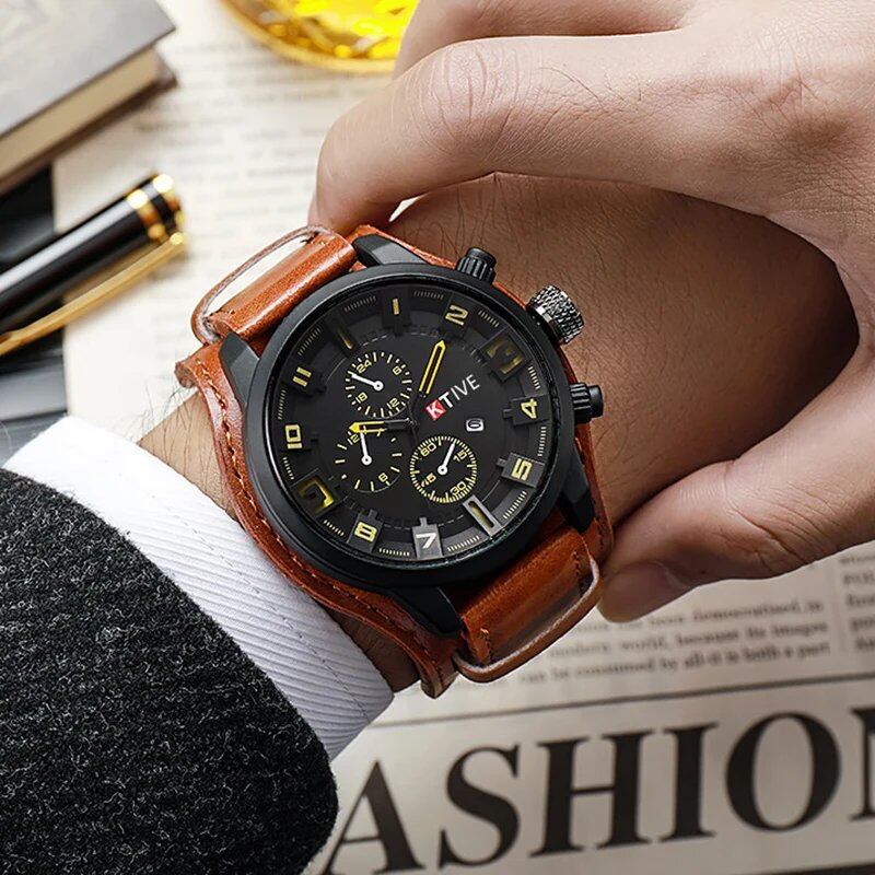 YIKAZE Retro Men's Watch, Classic Business Quartz Watch with Large Dial, Leather Strap, Date Display, Military Dive Watch for Men, Parallel Import