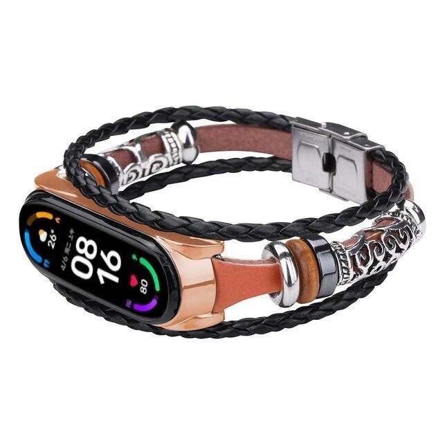 Leather Watch Band for Xiaomi Mi Band 6, 5, 4, 3, Ethnic Retro Style Smart Band, Fashion Accessory, Band Color: Parallel Import