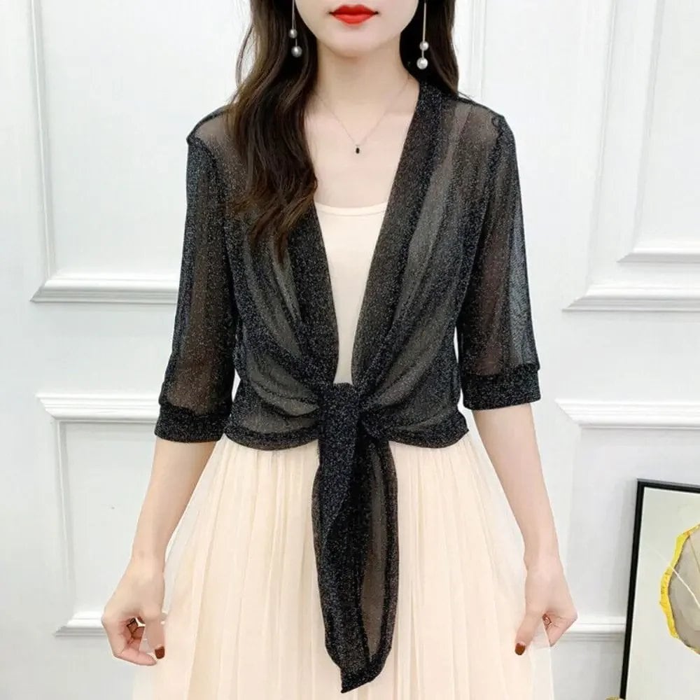 Glitter Tie-Up Open Front Shrug, Women's Cropped Shawl, Beachwear, Summer, Sun Protection, Air Conditioning Protection, Parallel Import