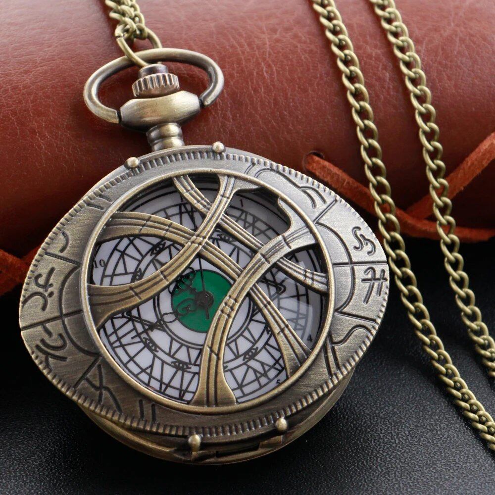 Vintage Bronze Eye-Round Case Quartz Pocket Watch with Pendant Necklace Chain, Gift for Men and Women, Parallel Import