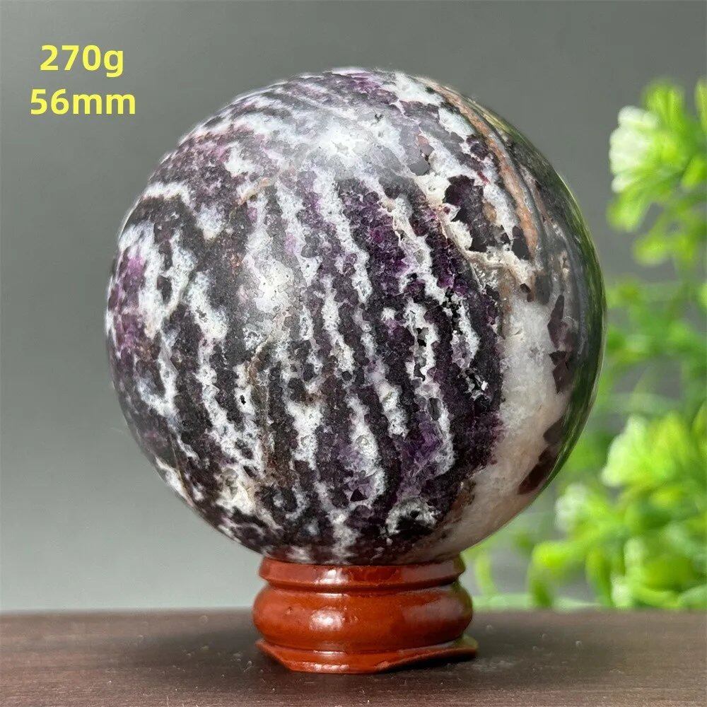Natural Purple Zebra Fluorite Ball for Reiki Healing, Spiritual Meditation, Chakra Therapy, Magic, Ritual, Divination, Home Decoration, with Stand, Color: A, Parallel Import