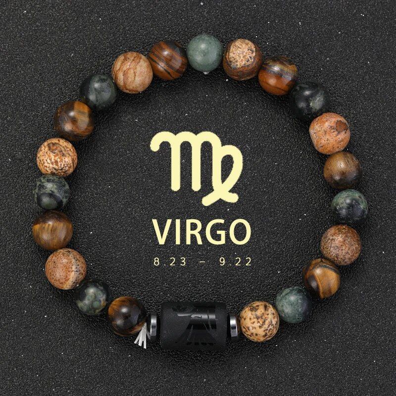 12 Zodiac Signs Bracelet with Natural Stones, Capricorn, Virgo, Leo, and Libra, for Men and Women, Couples, Friends, and Couples; Jewelry Gift; Length: 18-19cm, Parallel Import